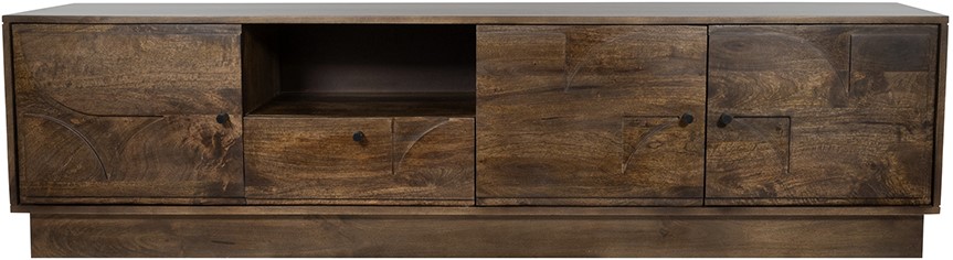 TV Anrichte 190 mit 3 Türen, 1 Schublade und 1 offenen Fäch, Mango Brown Walnut, auf weißem Hintergrund fotografiert - MySons