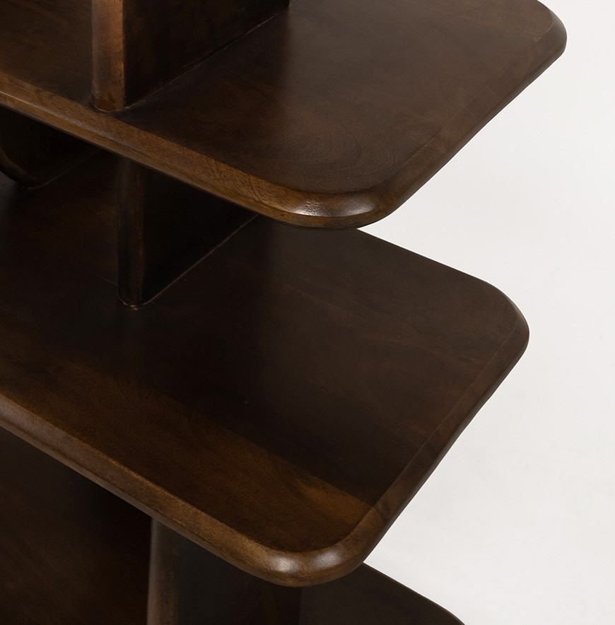 Detail des Oregano Bücherregals 140, Mango Brown Walnut, mit einer Nahaufnahme der dunkelbraunen Holzregalböden - MySons