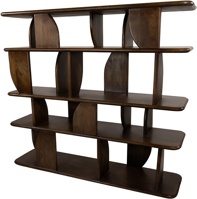 Das Oregano Bücherregal 140, Mango Brown Walnut, freistehend auf weißem Hintergrund, aus leicht erhöhter Perspektive - MySons