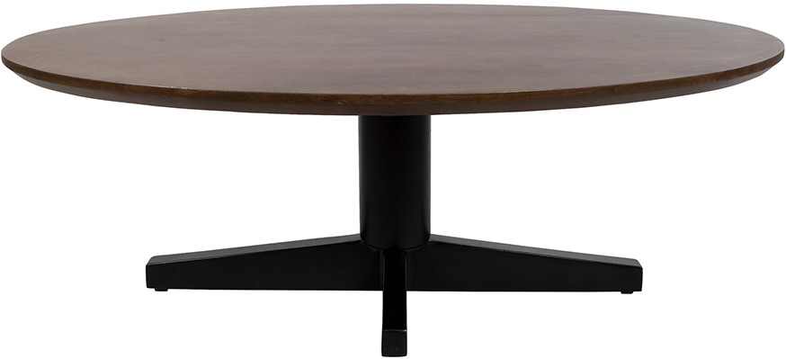 Couchtisch 130, oval, Tischbein Black, Mango Brown Walnut auf weißem Hintergrund, aus einer niedrigen Perspektive - MySons