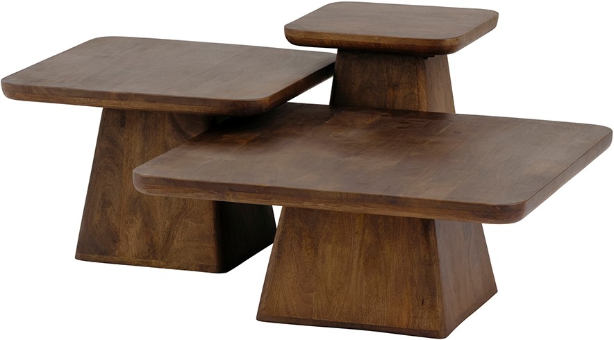 Drei dunkelbraune Couchtisch 80, Mango Brown Walnut Tische mit abgerundeten Ecken auf weißem Hintergrund - MySons