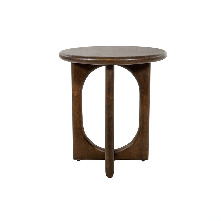 Beistelltisch Ø50, H55, Mango Brown Walnut, Zodiac Collection auf weißem Hintergrund, aus niedrigem Blickwinkel - MySons