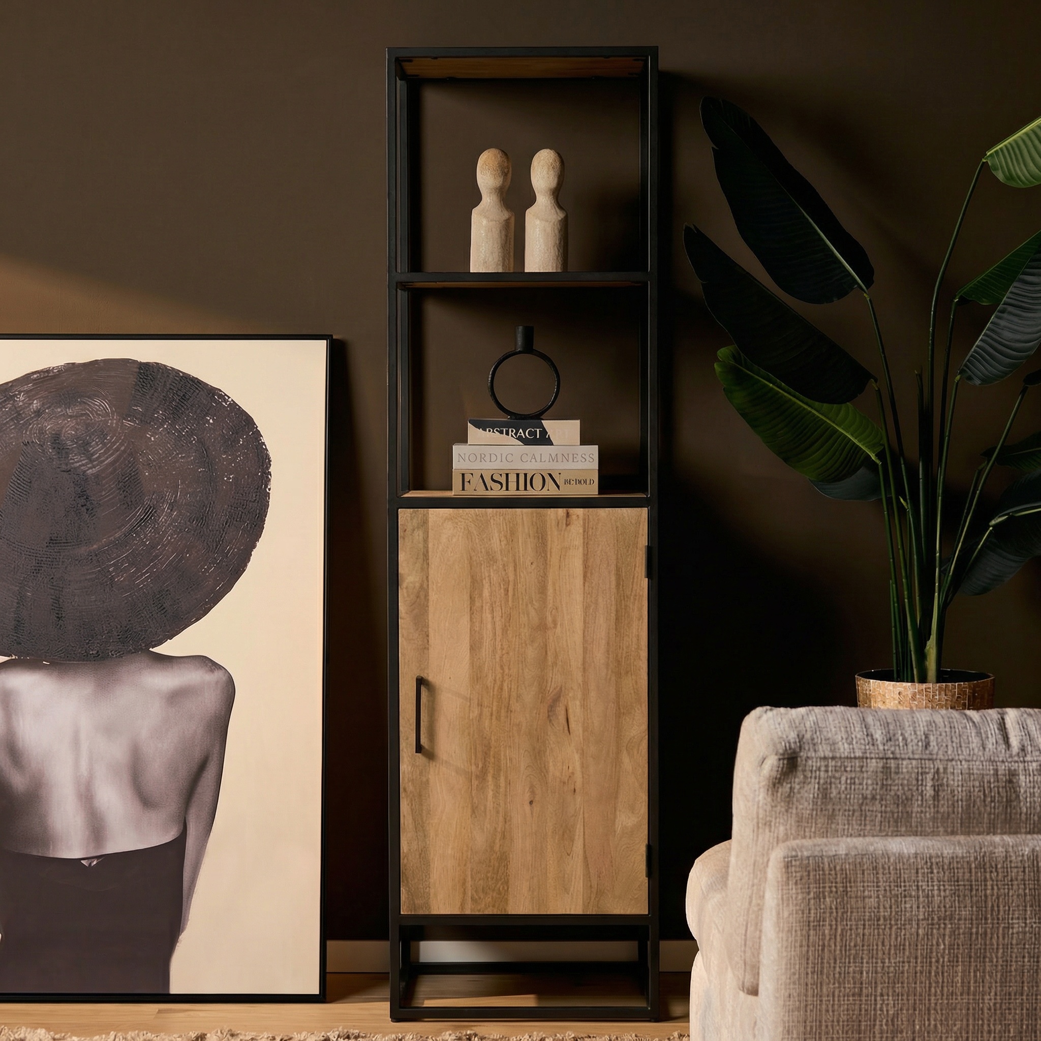 Bookcase Dakota 1 door | 55 cm (Mango wood, Natural) - Starfurn