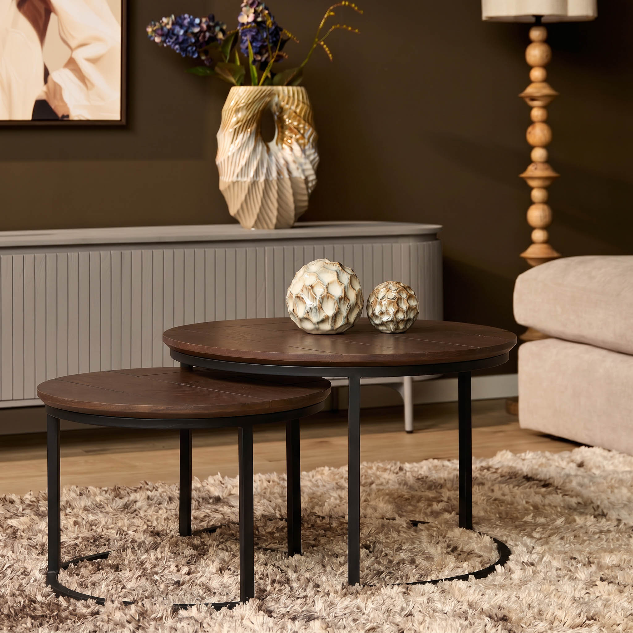 Couchtisch-Set Otik, rund Eichenholz mit Walnussfinish (2-teilig) (Walnoot) - Starfurn