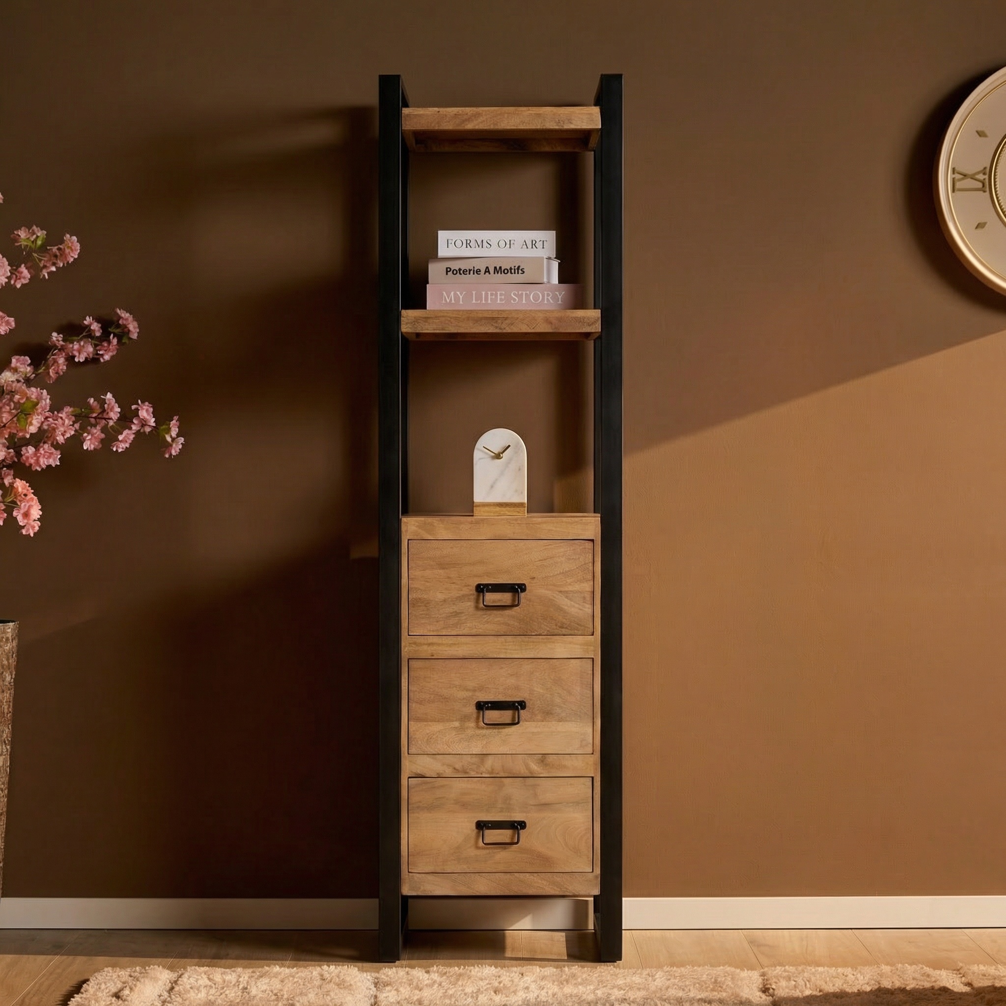 Bookcase Britt | 55 cm | three drawers (Mango wood, Natural) - Starfurn