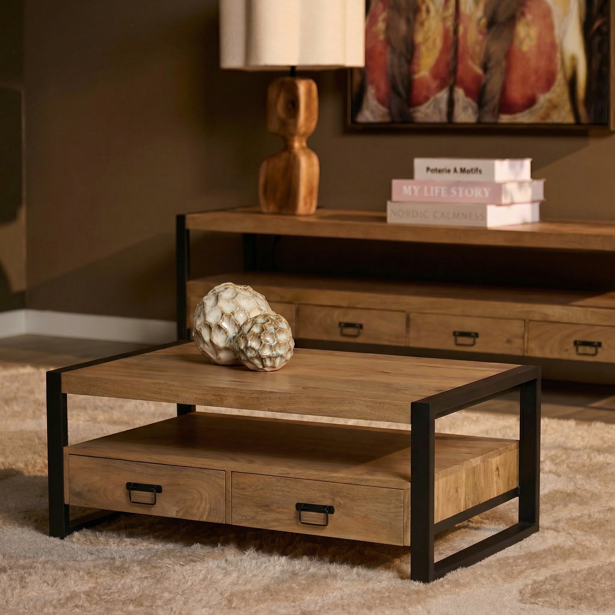 Coffee table Britt | 120 cm | four drawers (Mango wood, Natural) - Starfurn