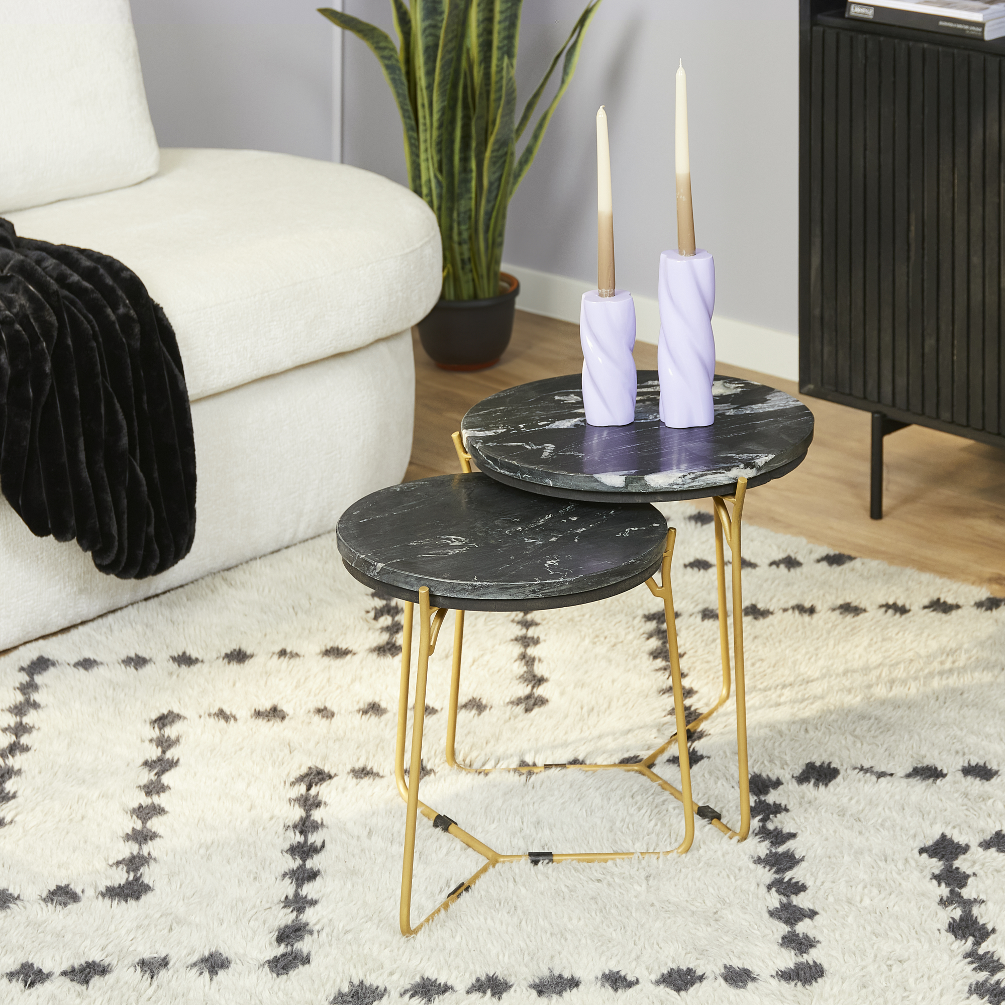 Couchtischset Caly, Schwarzer Marmor mit Goldfarbigem Gestell - Starfurn
