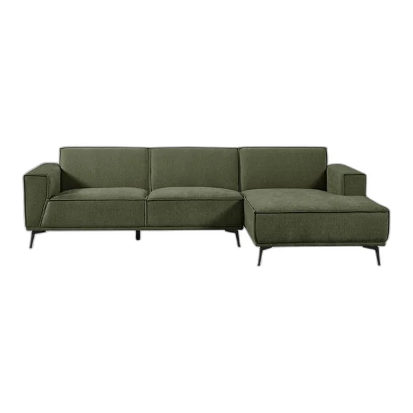 Leeds 2 5-AL + Chaise R - City 453 Moss Grey Sofa in einem modernen Wohnzimmer mit Betonwänden und Holzbalken - Tower Living - City 355 Bottle Green