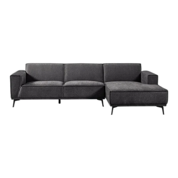 Leeds 2 5-AL + Chaise R - City 453 Moss Grey Sofa in einem modernen Wohnzimmer mit Betonwänden und Holzbalken - Tower Living - City 464 Black Blue