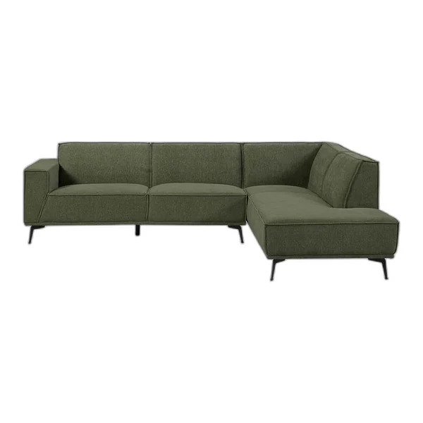 Leeds 2,5-AL + Ottoman R - City 464 Black Blue Sofa in einem modernen Wohnzimmer mit Holzbalkendecke - Tower Living - City 355 Bottle Green