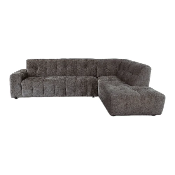 Das Memphis 3-AL + Ottoman R - Haga 30 beige Sofa in einem industriellen Wohnzimmer mit Holztisch und Teppich - Tower Living - Haga 16 charcoal
