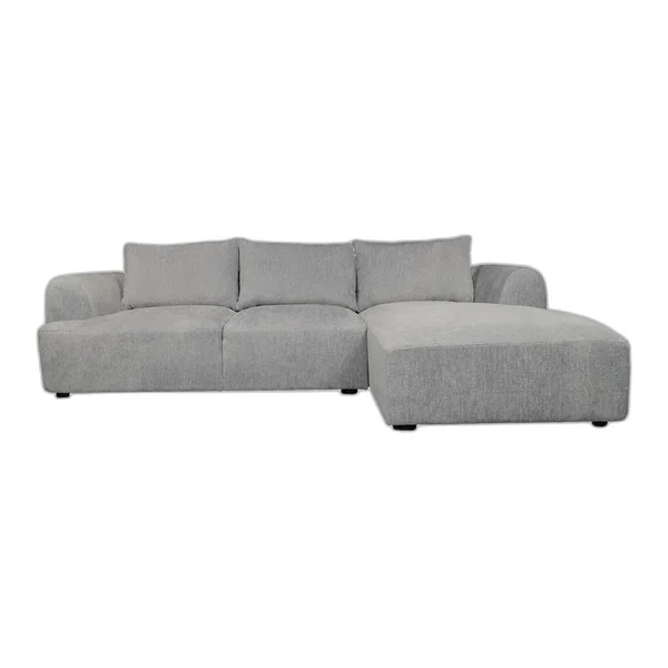 Das Canterbury 2 5-AL + Chaise R - Mona 464 Cement Grey Sofa in einem stimmungsvollen Wohnzimmer mit Couchtisch aus Holz - Tower Living - Mona 120 Taupe
