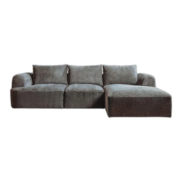 Das Canterbury 2 5-AL + Chaise R - Mona 464 Cement Grey Sofa in einem stimmungsvollen Wohnzimmer mit Couchtisch aus Holz - Tower Living - Mona 464 Cement Grey