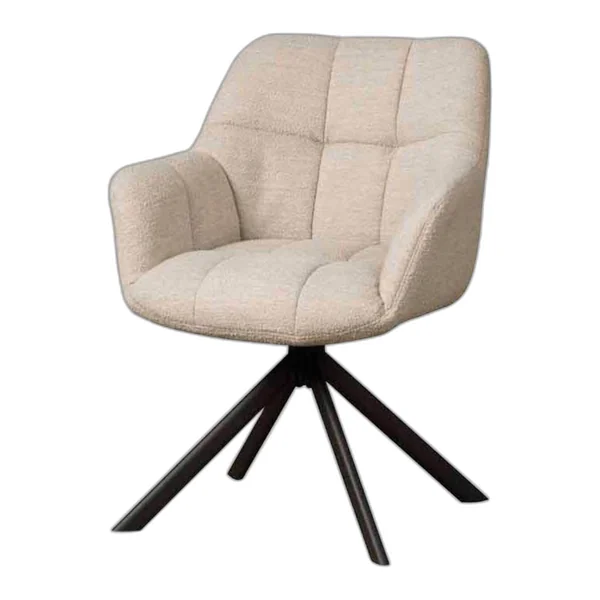 De Alba Armstoel - Alpine naturel 01 (draaibaar) staat in een industriële woonkamer met houten balken en een eettafel - Tower Living - Alpine naturel 01