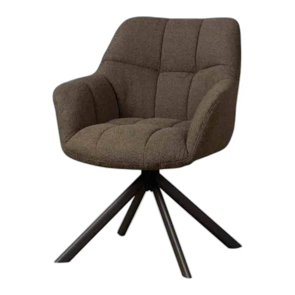 De Alba Armstoel - Alpine naturel 01 (draaibaar) staat in een industriële woonkamer met houten balken en een eettafel - Tower Living - Alpine dark brown 18