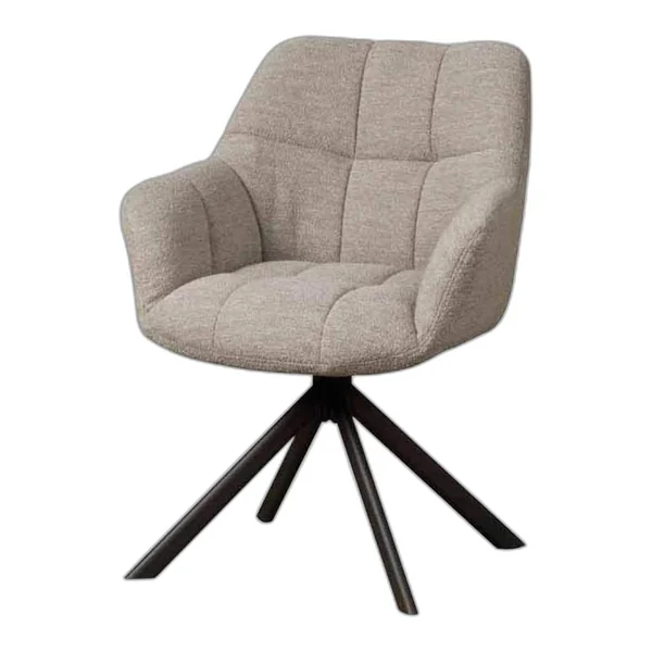 De Alba Armstoel - Alpine naturel 01 (draaibaar) staat in een industriële woonkamer met houten balken en een eettafel - Tower Living - Alpine steel 149