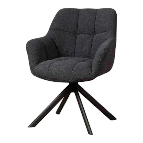 De Alba Armstoel - Alpine naturel 01 (draaibaar) staat in een industriële woonkamer met houten balken en een eettafel - Tower Living - Alpine indigo 90