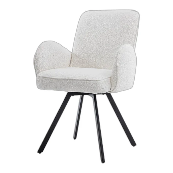 Livo Armstoel in stof Ascot 5 Anthracite, draaibaar, aan een ronde eettafel in een moderne eetkamer - Tower Living - Ascot 1 White