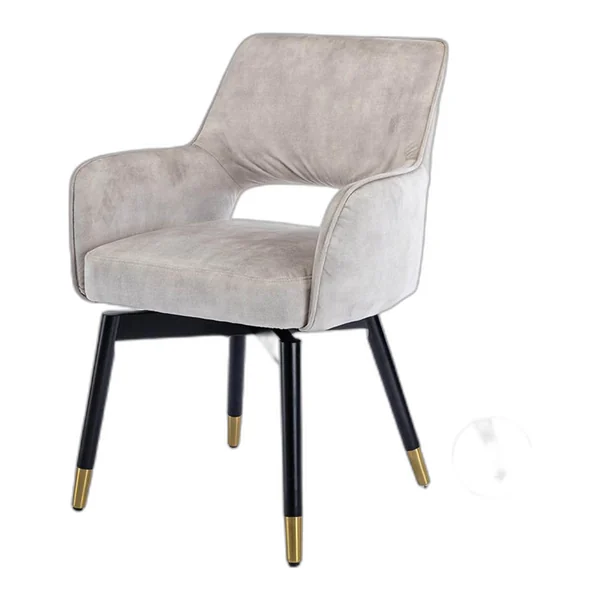 Lenno Armstoel in koperkleurige stof, draaibaar, met zwarte poten en gouden details, in een sfeervolle woonkamer - Tower Living - Adore 11 Beige