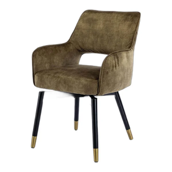 Lenno Armstoel in koperkleurige stof, draaibaar, met zwarte poten en gouden details, in een sfeervolle woonkamer - Tower Living - Adore 16 Forest green