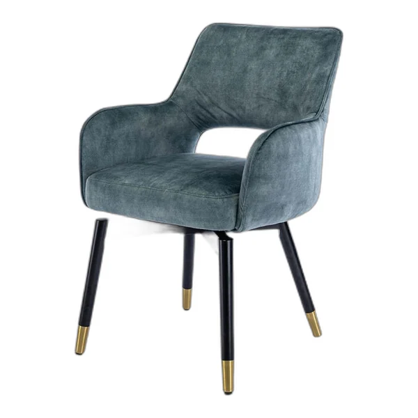 Lenno Armstoel in koperkleurige stof, draaibaar, met zwarte poten en gouden details, in een sfeervolle woonkamer - Tower Living - Adore 31 Grey blue
