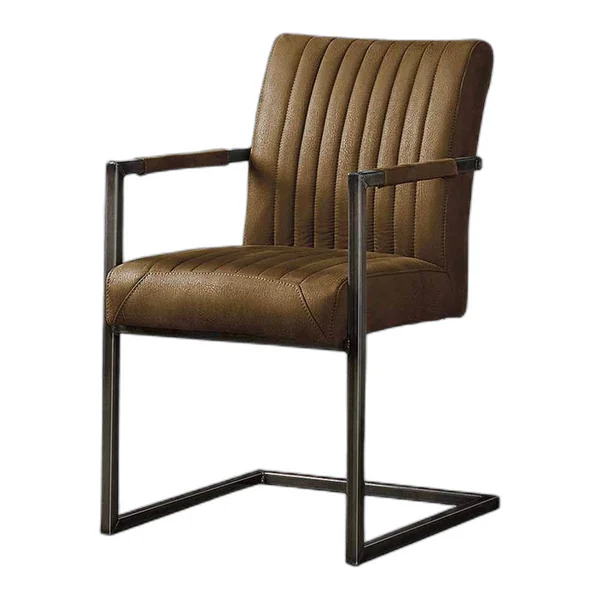 De Ferro Armstoel - fabric Savannah anthracite staat in een sfeervolle woonkamer met houten wanden en een betonnen vloer - Tower Living - Savannah light brown