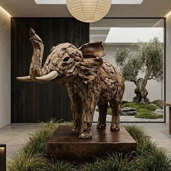 Elefant groß Teak, stehend auf einer erhöhten Plattform umgeben von Grün, mit Fenster und Außenansicht - Mokana Furniture
