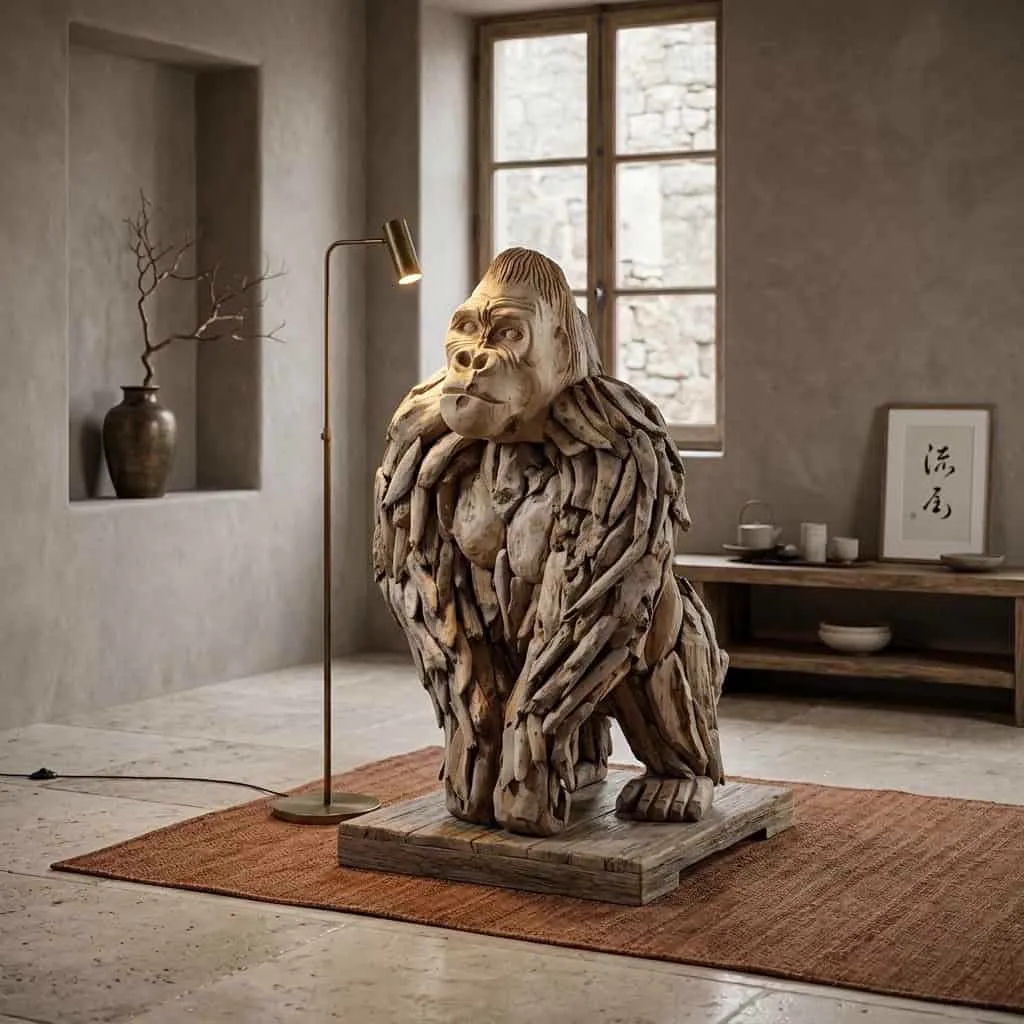 Sitzender Gorilla Teak als Wohnaccessoire auf einem Holzpodest in einem stimmungsvollen Wohnzimmer mit Lampe und Fenster - World of Brosi