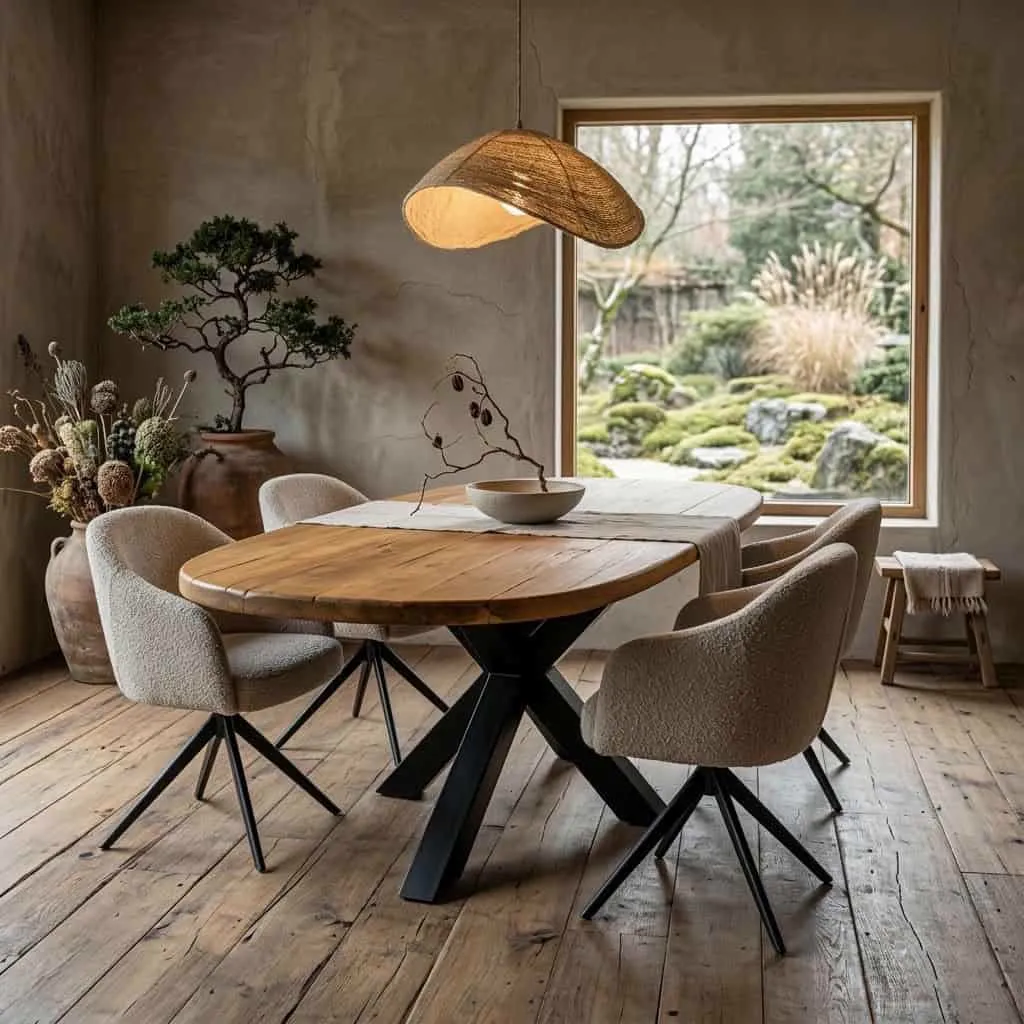 Eettafel Donny teakhout Deens Ovaal in een sfeervolle eetkamer met uitzicht op een tuin - World of Brosi