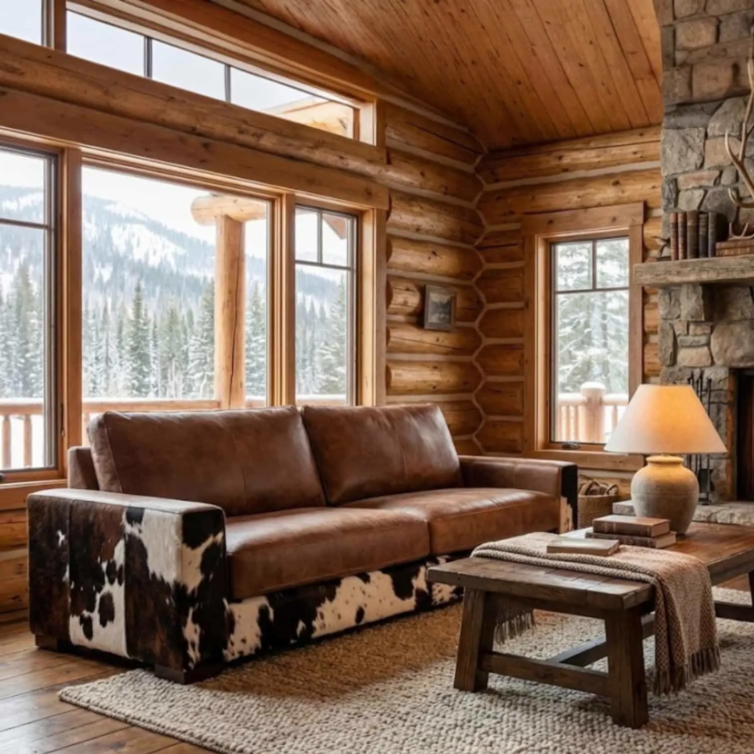 Bank Cowboy met koeienhuid en bruin leer in een landelijke woonkamer met houten muren en uitzicht op besneeuwde bergen - Het Anker