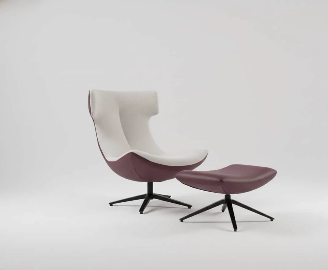 Sessel Hamer und passender Hocker auf weißem Hintergrund, aus einem niedrigen Blickwinkel fotografiert - Class Design