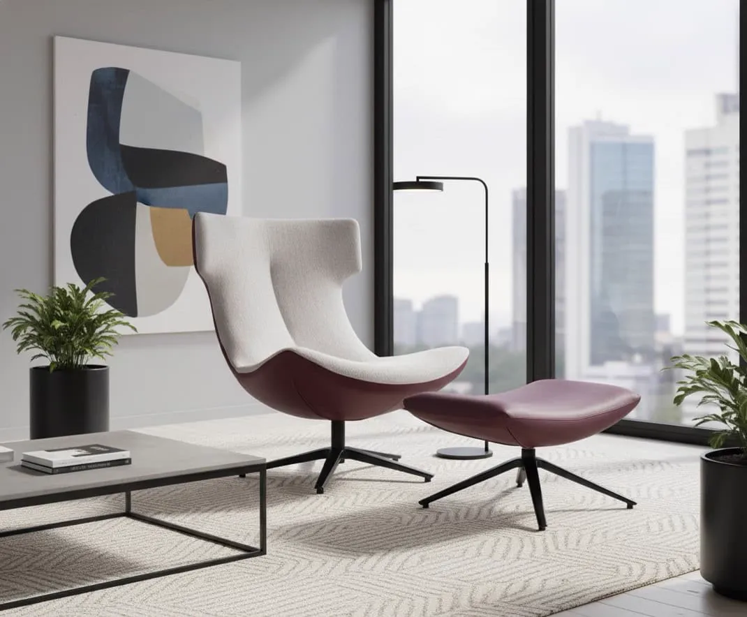 Sessel Hamer mit Fußhocker in einem modernen Wohnzimmer mit Stadtblick - Class Design