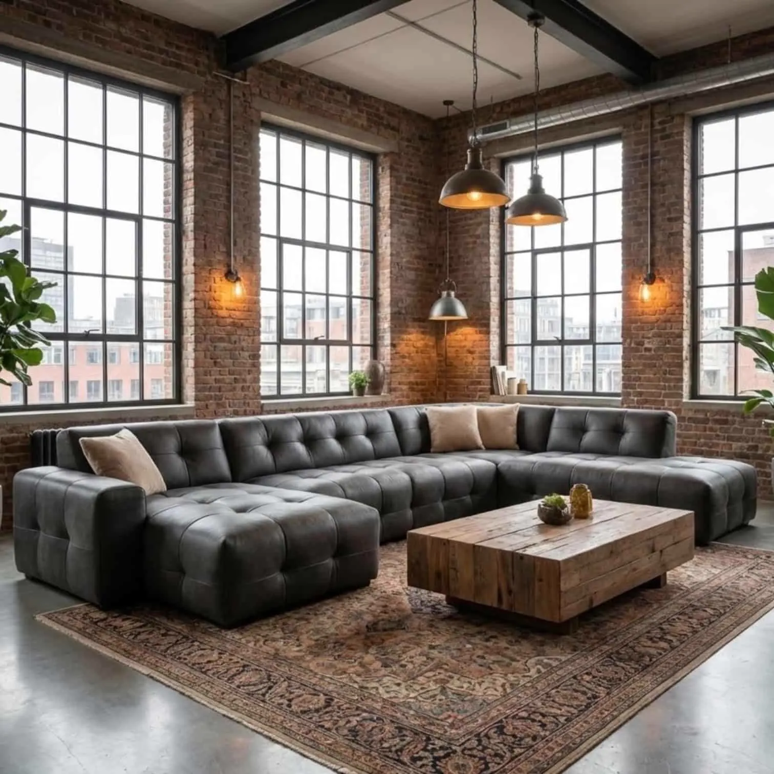 Loungesofa Amsterdam Kenia Leder in U-Form, aufgestellt in einem industriellen Wohnzimmer mit Ziegelwänden - Agpol
