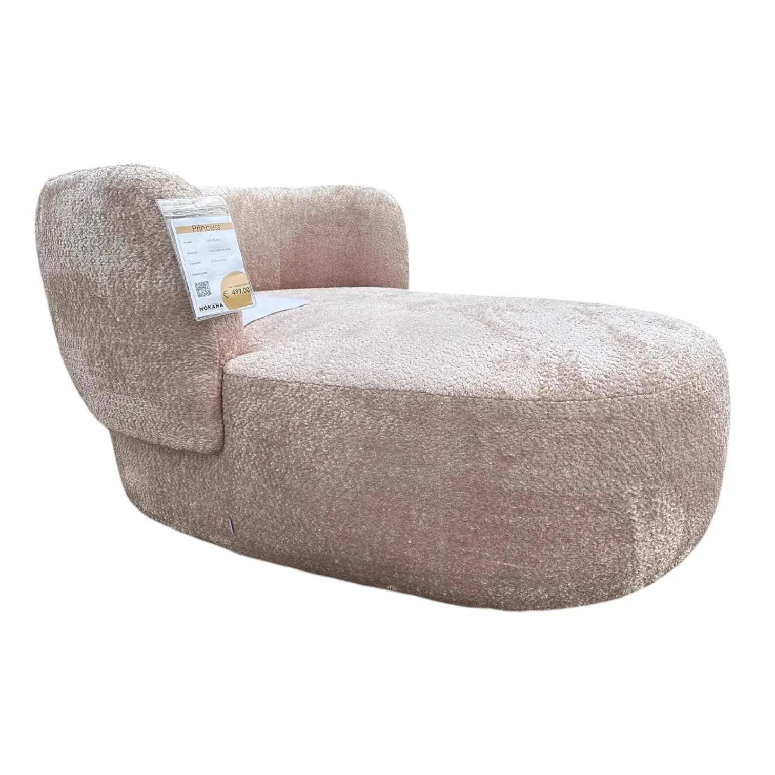 Die Princess Couch von Agpol, eine hellrosa Chaiselongue aus Teddy-Stoff, auf weißem Hintergrund