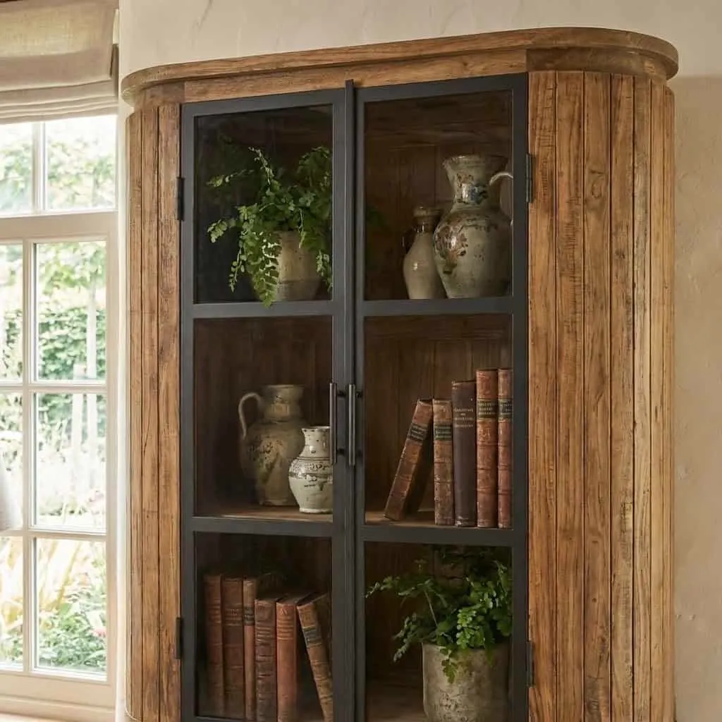 Der Vitrinenschrank Kennington Small in einem stimmungsvollen Wohnzimmer mit Pflanzen und Büchern - World of Brosi