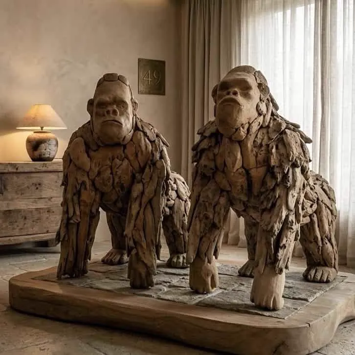 Zwei laufende Teakholz-Gorillas als Wohnaccessoires in einem Interieur mit Holzmöbeln und einer Lampe - World of Brosi