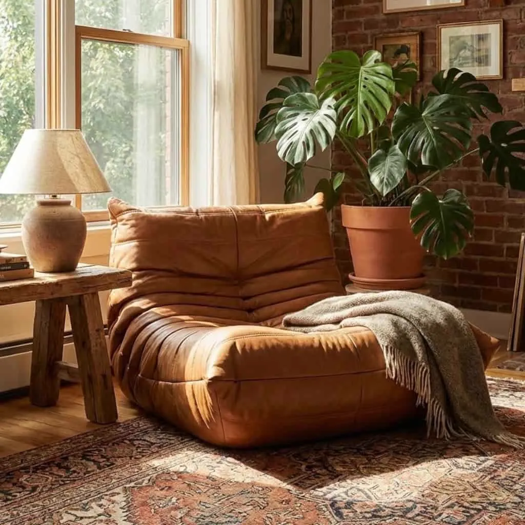 Fauteuil Contempo leder in een sfeervolle woonkamer met een groot raam en plant - Primavera