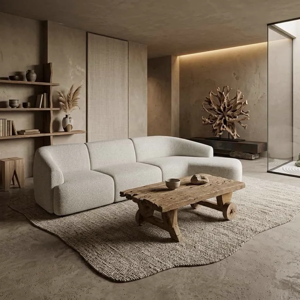 Couchtisch Cart aus Altholz mit Rädern in einem stimmungsvollen Wohnzimmer mit hellem Sofa und Teppich - World of Brosi