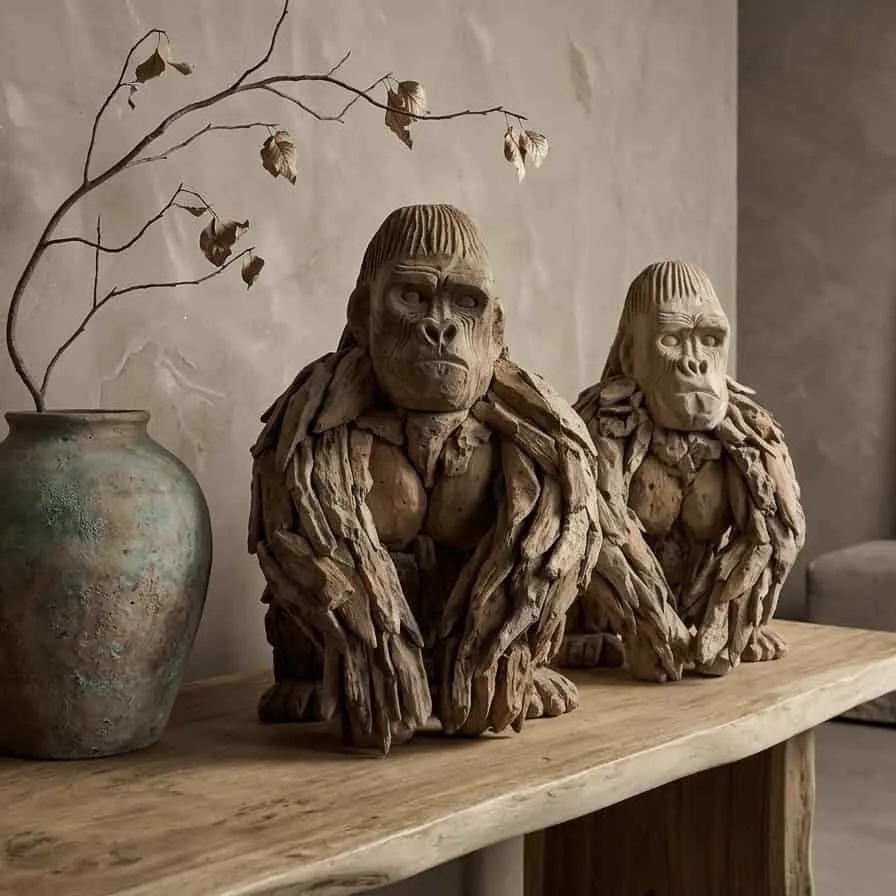 Zwei Gorilla Small Holzstatuen auf einem Holztisch, daneben eine Vase mit Ästen - World of Brosi