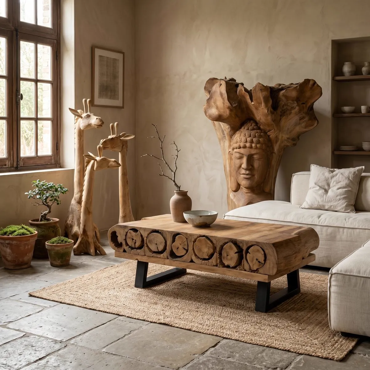Coffee table iron teak wood railway sleepers