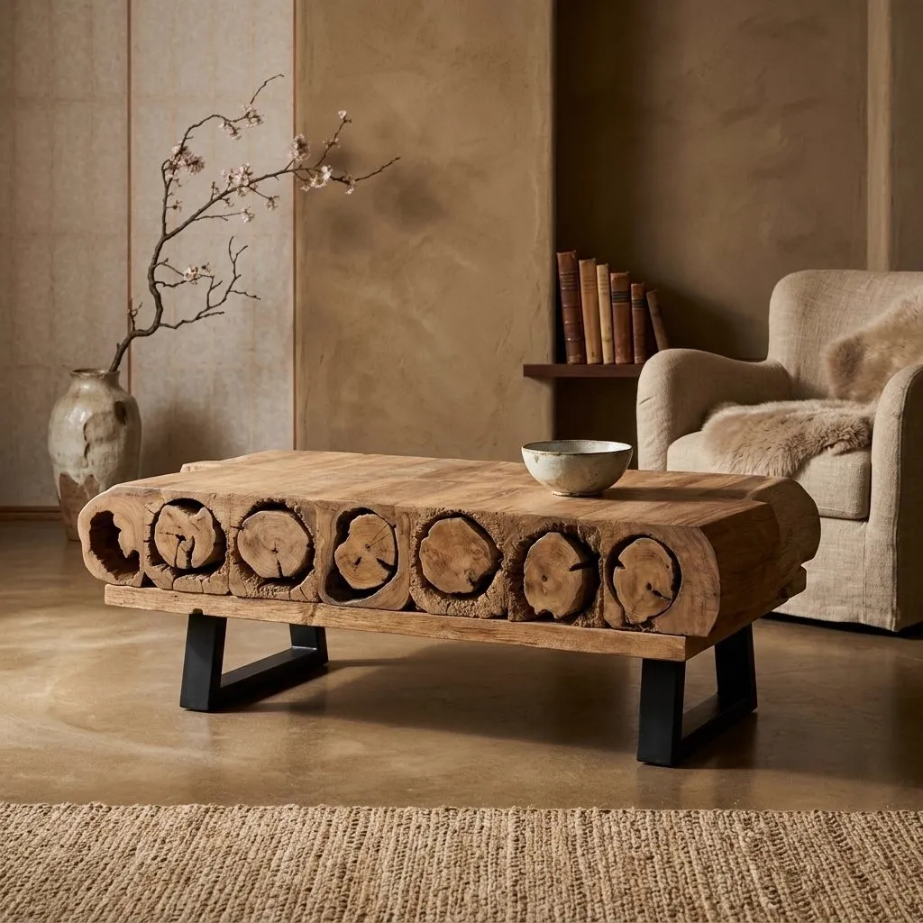 Coffee table iron teak wood railway sleepers