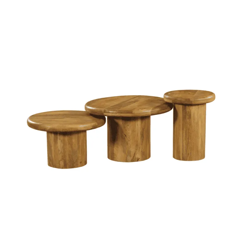 Couchtisch Maya, ein Set aus drei runden Holztischen auf weißem Hintergrund - Starfurn