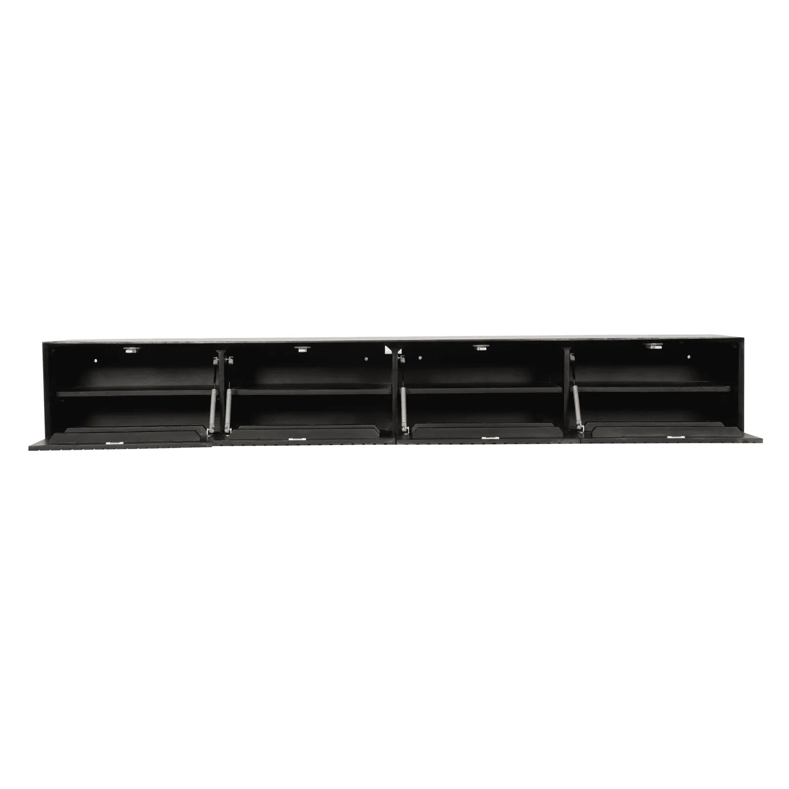 Zwevend tv meubel Madison Black, 200 cm breed, met vier openstaande kleppen op een witte achtergrond - Starfurn