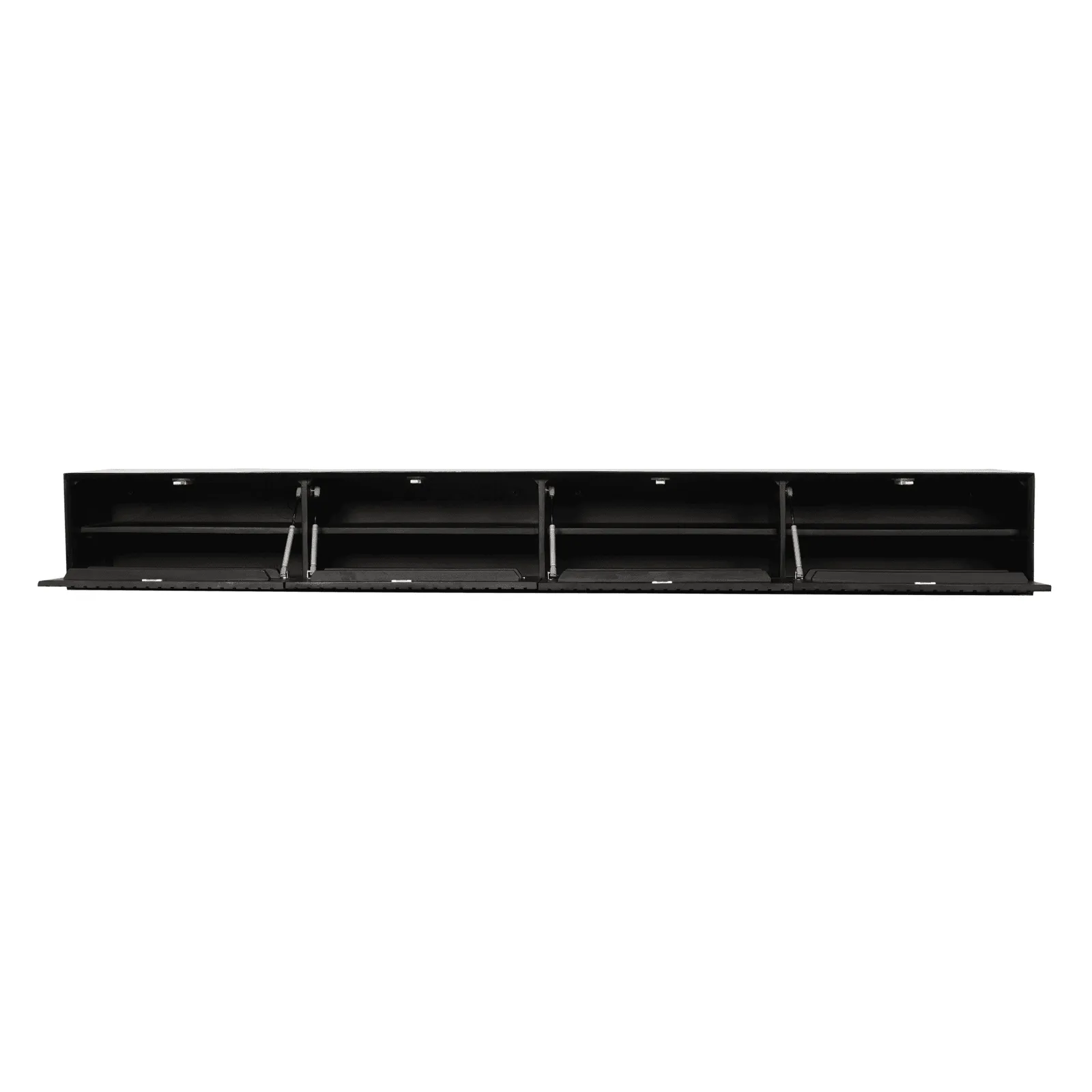 Zwevend tv meubel Madison Black, 240 cm, met vier openstaande kleppen op een witte achtergrond - Starfurn