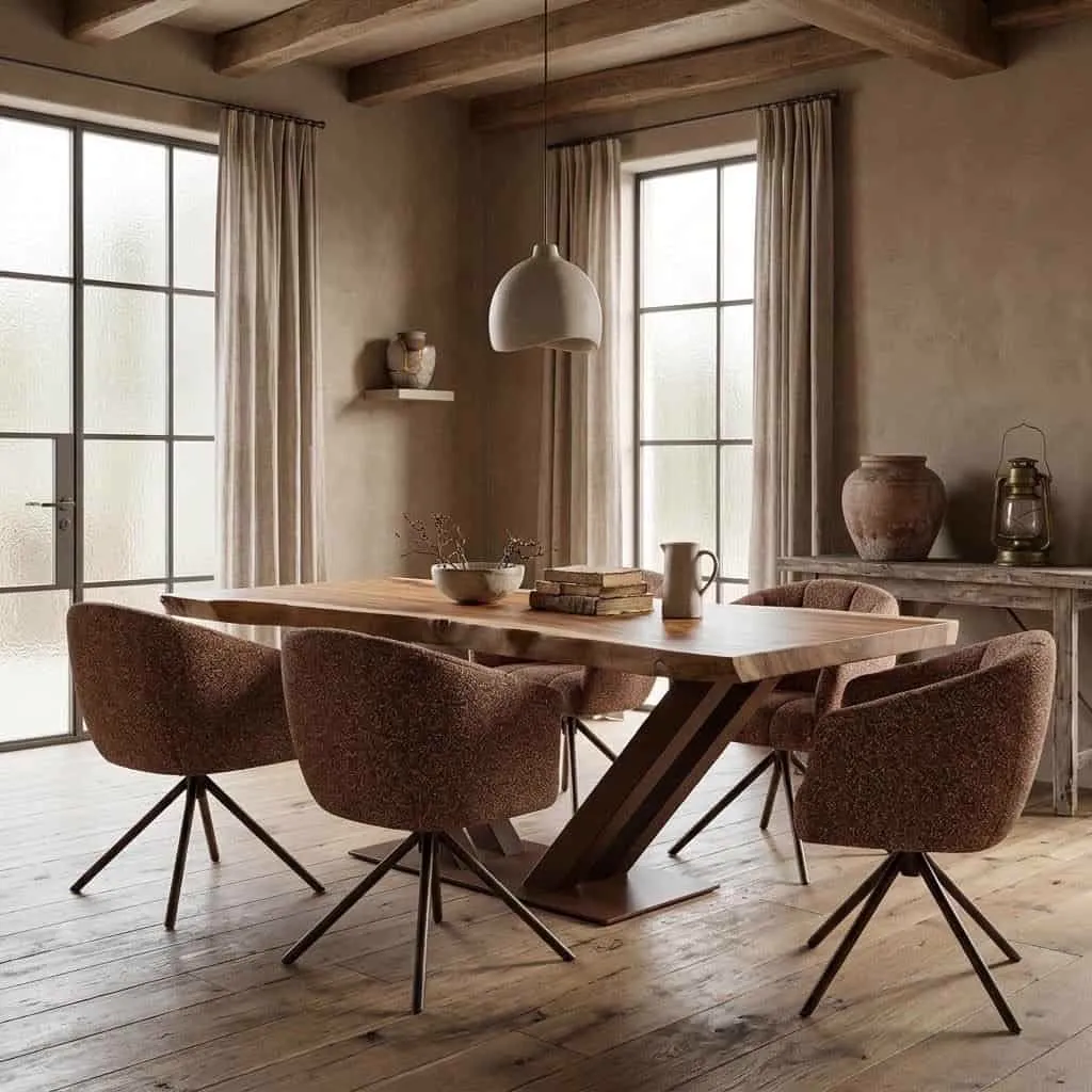 Baumstammtisch Suarholz V-Fuß Bronze in einem stimmungsvollen Esszimmer mit braunen Stühlen - World of Brosi