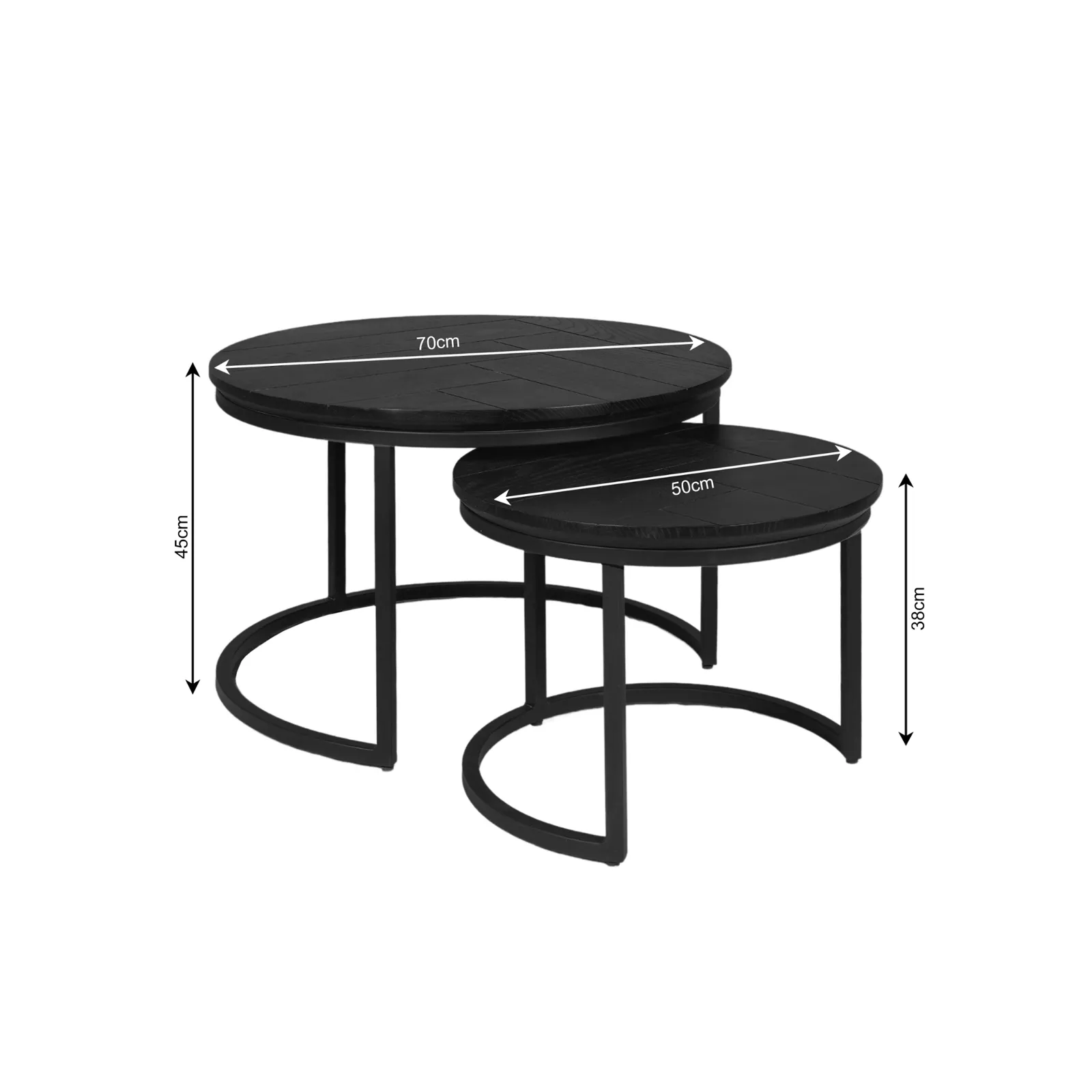 Set aus 2 runden Couchtischen Otik Black Oak auf weißem Hintergrund, mit Maßen von 70cm und 50cm Durchmesser und Höhen von 45cm und 38cm - Starfurn