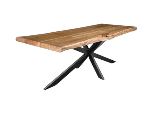Baumstamm-Esstisch Nando mit einer Holzplatte und einem schwarzen Metallgestell, auf weißem Hintergrund fotografiert - Mokana Furniture