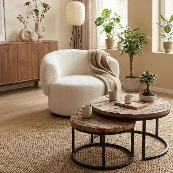 Sessel Natalie in einem hellen Wohnzimmer mit Pflanzen und einem Couchtisch aus Holz, aus niedriger Perspektive - Agpol