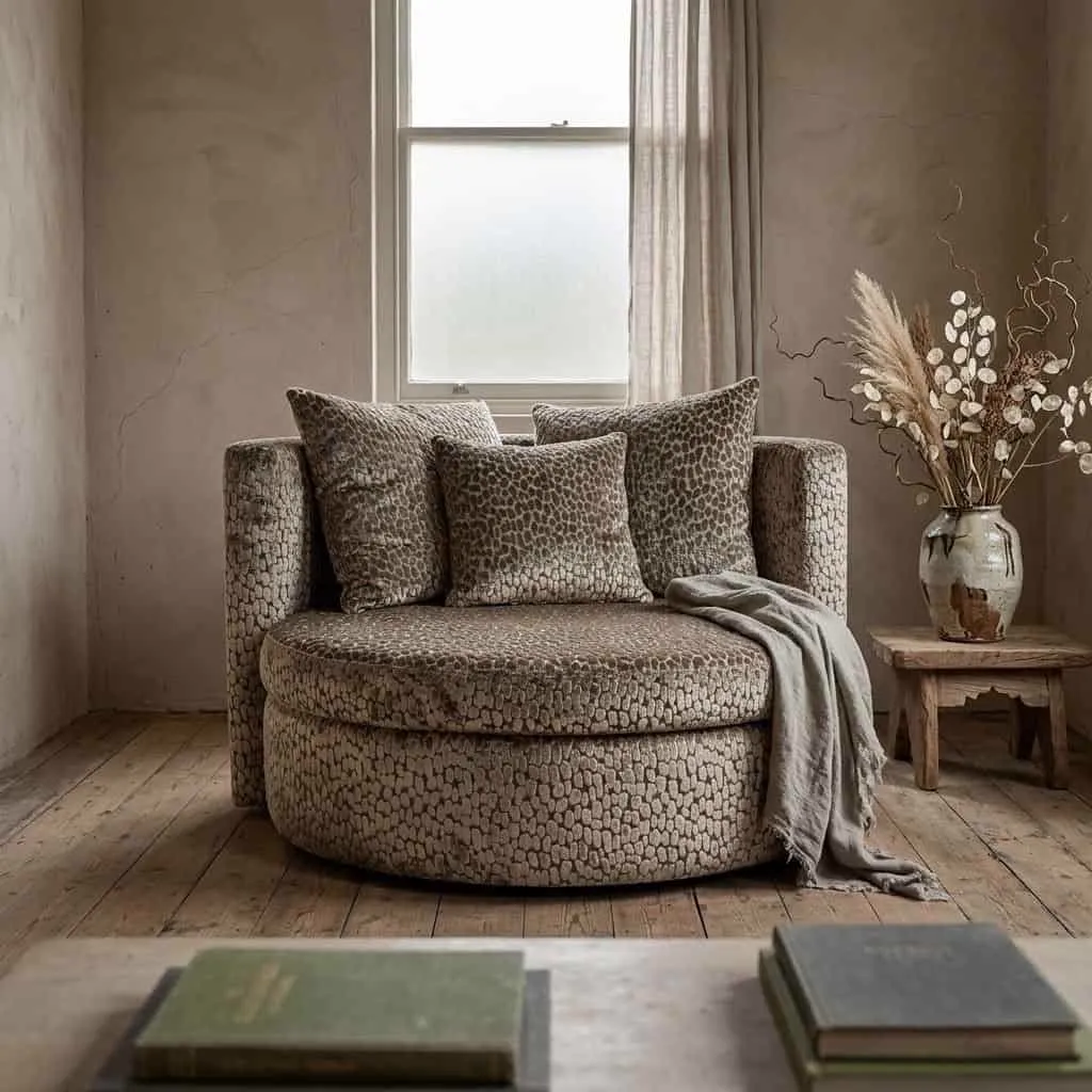 Loveseat La Lord Alfeo in einem stimmungsvollen Wohnzimmer mit Holzboden und dekorativer Vase - Agpol