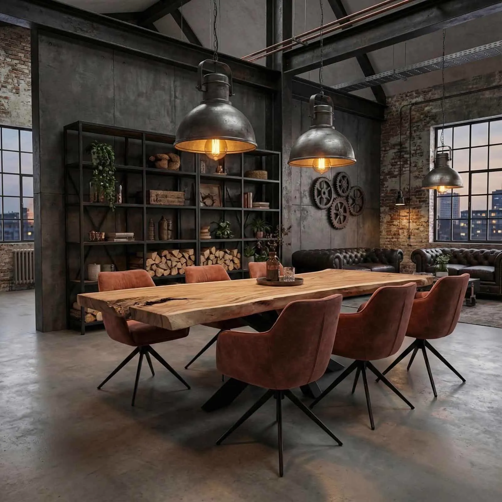 Baumstammtisch Suarholz mit Spinnenbein in einem industriellen Wohnzimmer mit orangefarbenen Stühlen und dunklen Wänden - World of Brosi